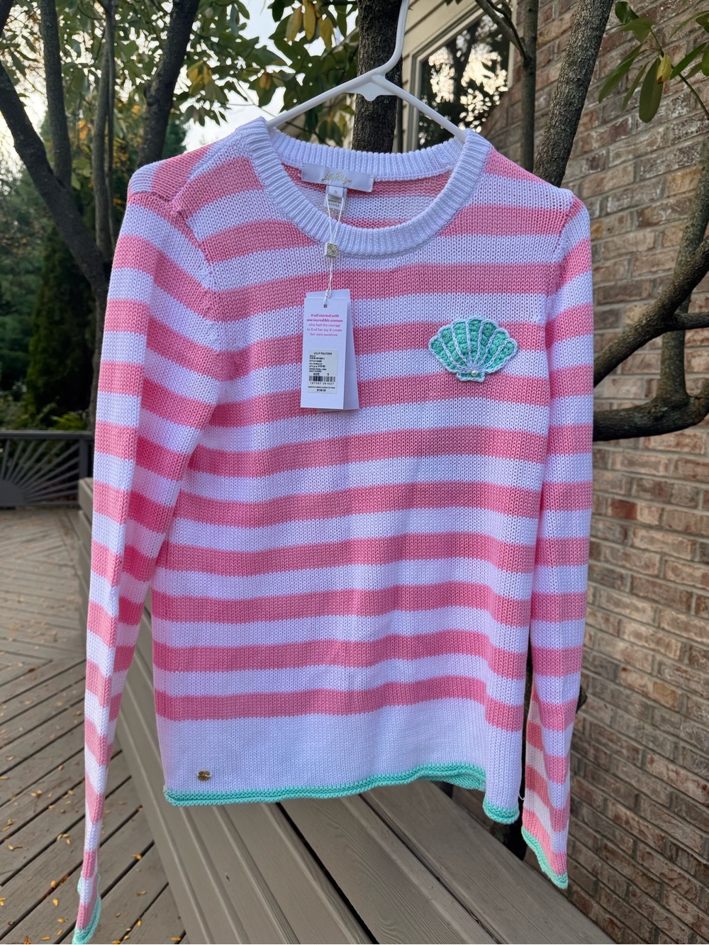Lilly Pulitzer Pink & White Striped Crewneck Sweater with Mint Shell Patch